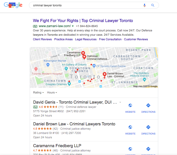 An example of the local pack for the keyword "criminal lawyer" as an example of local SEO in Toronto