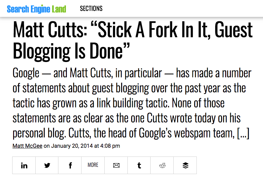 Matt Cutts quoted predicting the death of guest blogging in 2014