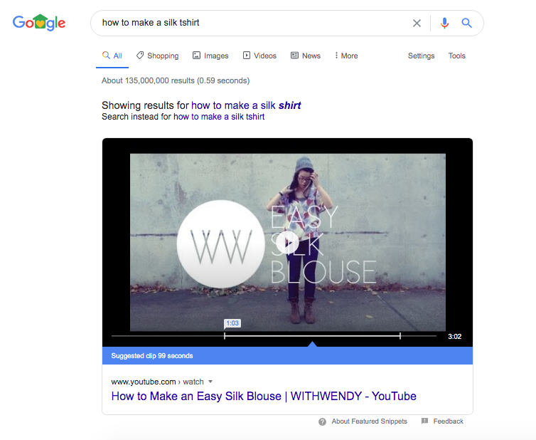 Video wins the featured snippet for keyword "how to make a silk t-shirt"
