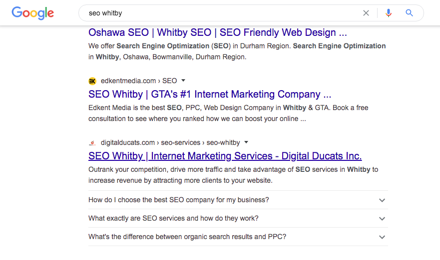 The faq rich results on a whitby location page leads to higher click-through rates and therefore more traffic 