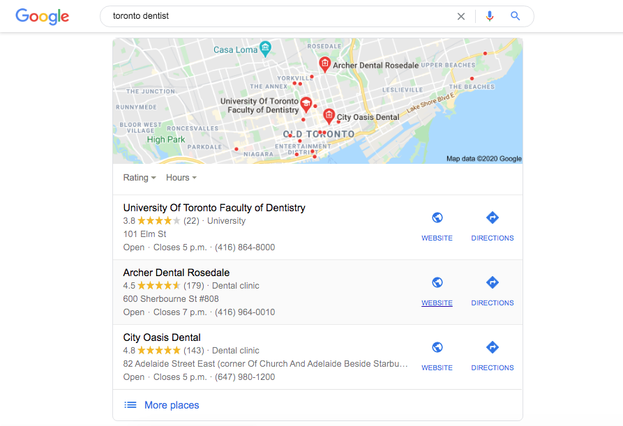 Appearing in the local pack is a major benefit of local SEO for Toronto dentists