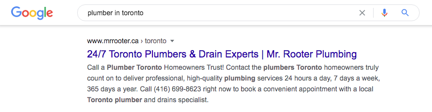 Location page for plumber in Toronto