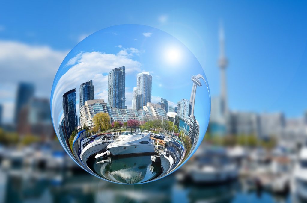 Toronto skyline including the CN tower through a crystal globe