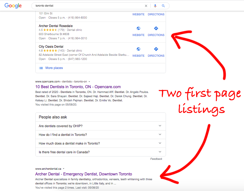 Toronto Local SEO gets results in the Local Finder as well as the localized organic search search results