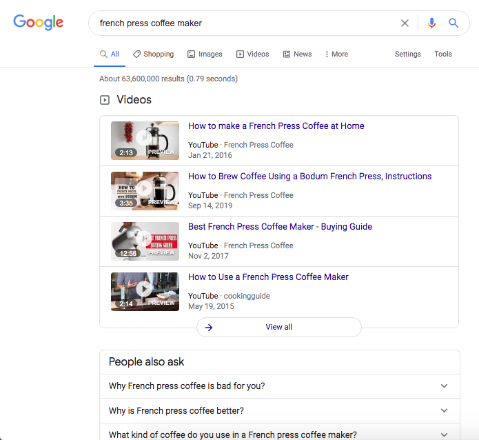 SEO basics indicate that when videos appear at the top of the SERP, including a video in your content will help satisfy search intent