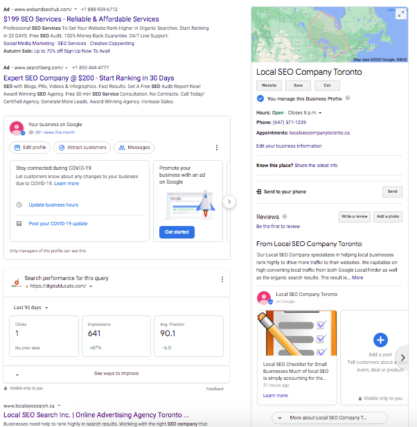 Example of GMB posts from Local SEO Company Toronto knowledge panel