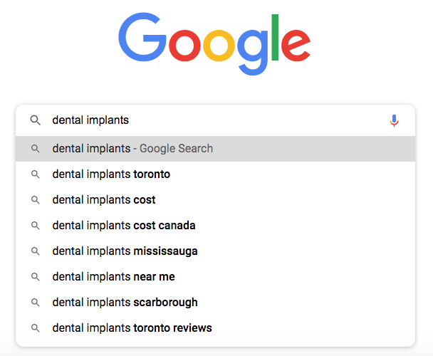 Google autosuggest for a dental implant keywords