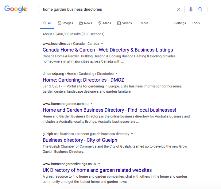 Search result for gardening business directories to find structured citations