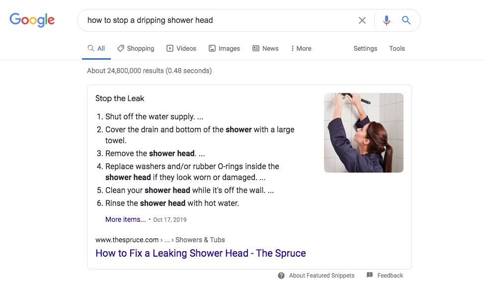 This featured snippet is the top feature on the SERP 