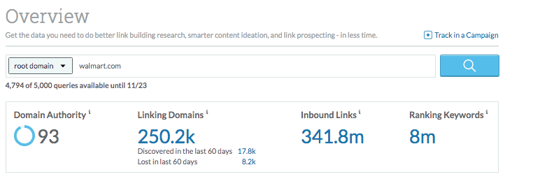 Image of Moz domain overview for Walmart showing high authority and thousands of backlinks.