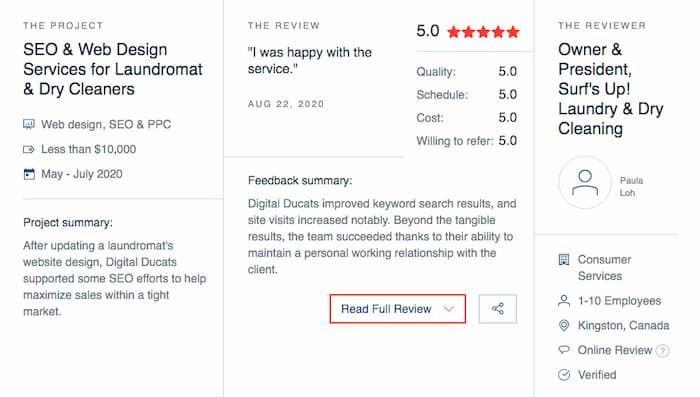 Clutch.co review on Digital Ducats Inc. as evidence of credibility as a good SEO company