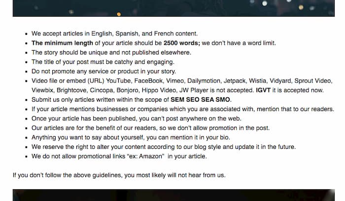 Contributor guidelines example to make sure the websites matches the goal your aiming for in your SEO strategy